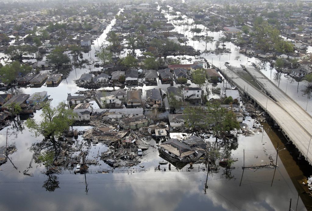 Aerial shot of flooded and destroyed properties in New Orleans