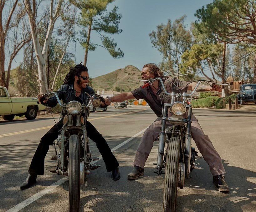Jason Momoa and Lenny Kravitz riding motorcycles together