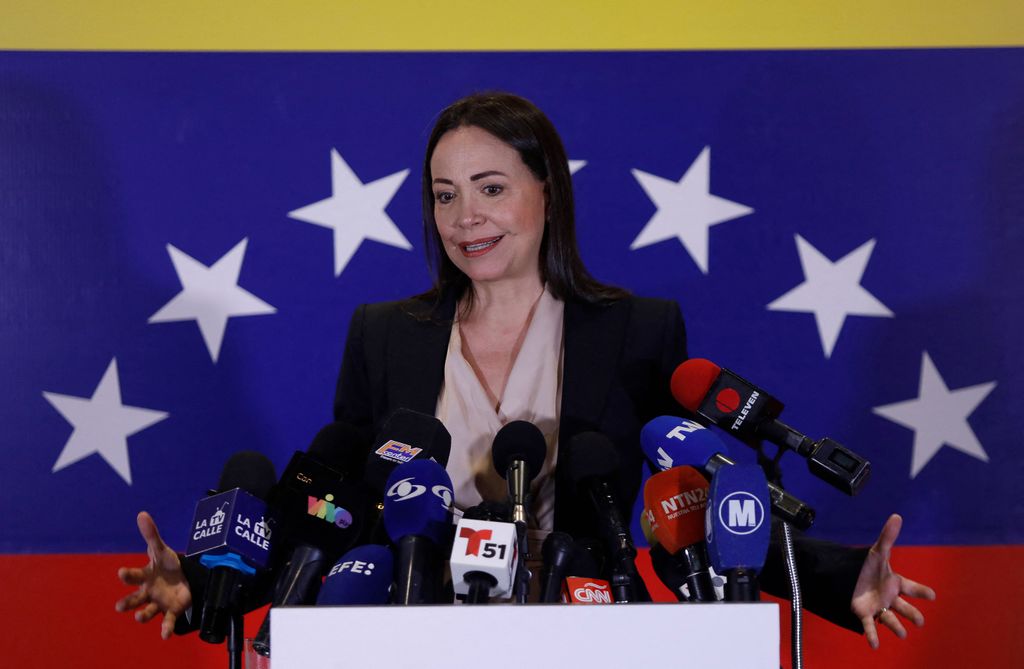 Maria gives a press conference after her victory in the opposition's primary elections, in Caracas on October 22, 2023. 