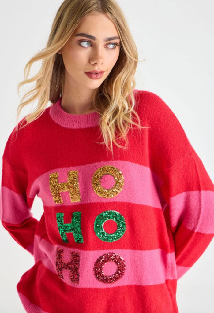 Peacocks Red & Pink Sequin Ho Ho Ho Jumper