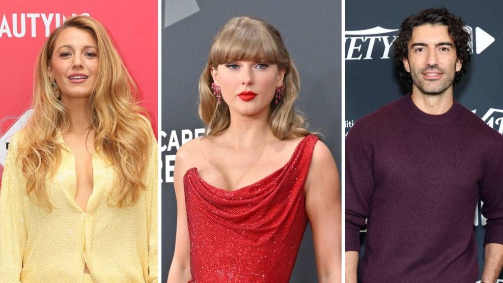 Split image of Blake Lively, Taylor Swift, and Justin Baldoni