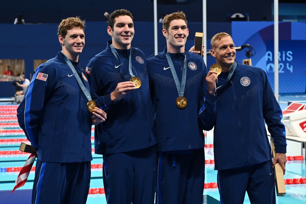 Gold Medalists, Chris Guiliano, Jack Alexy, Hunter Armstrong and Caeleb Dressel of Team United States