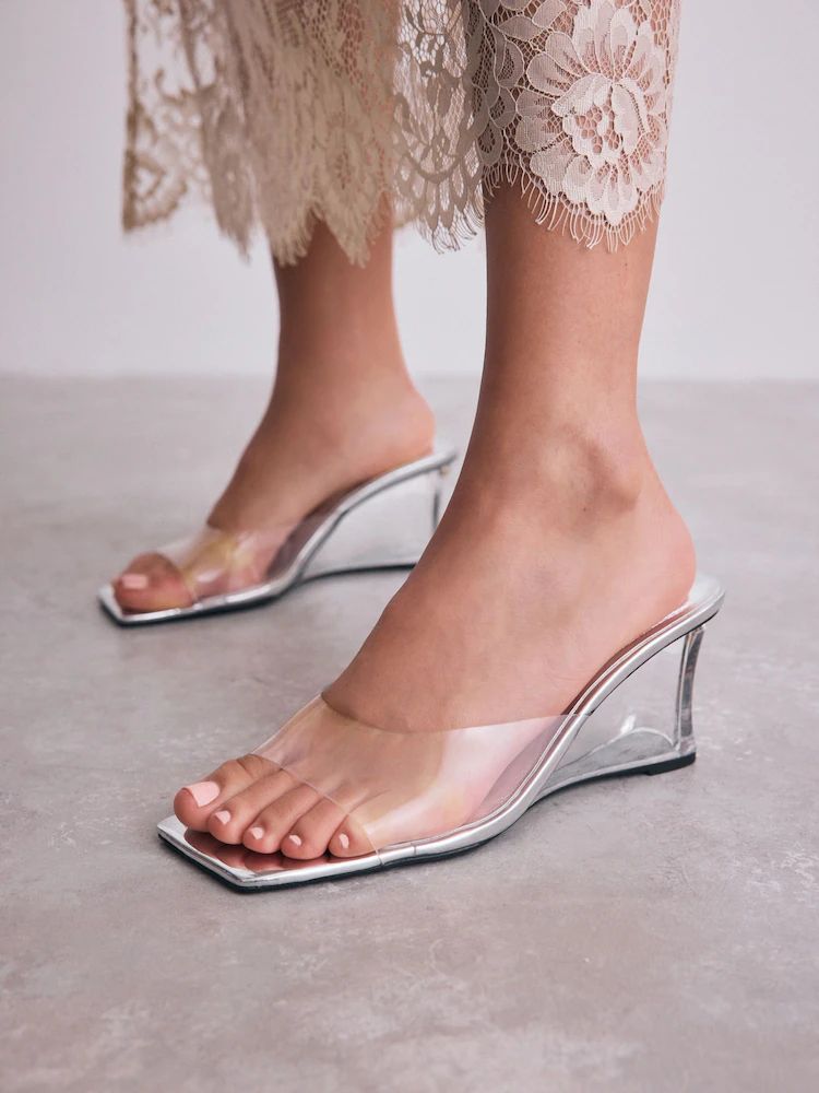 Silver Forever Comfort Square Toe Vinyl Wedge Mules
