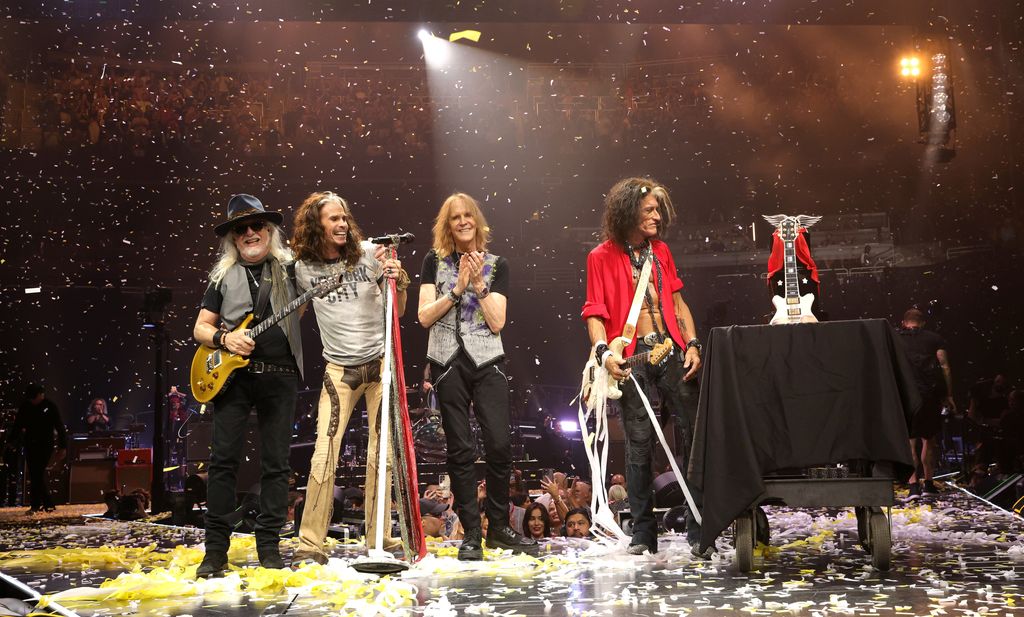 Brad Whitford, Steven Tyler, Tom Hamilton and Joe Perry of Aerosmith perform at UBS Arena on September 09, 2023 in Elmont, New York