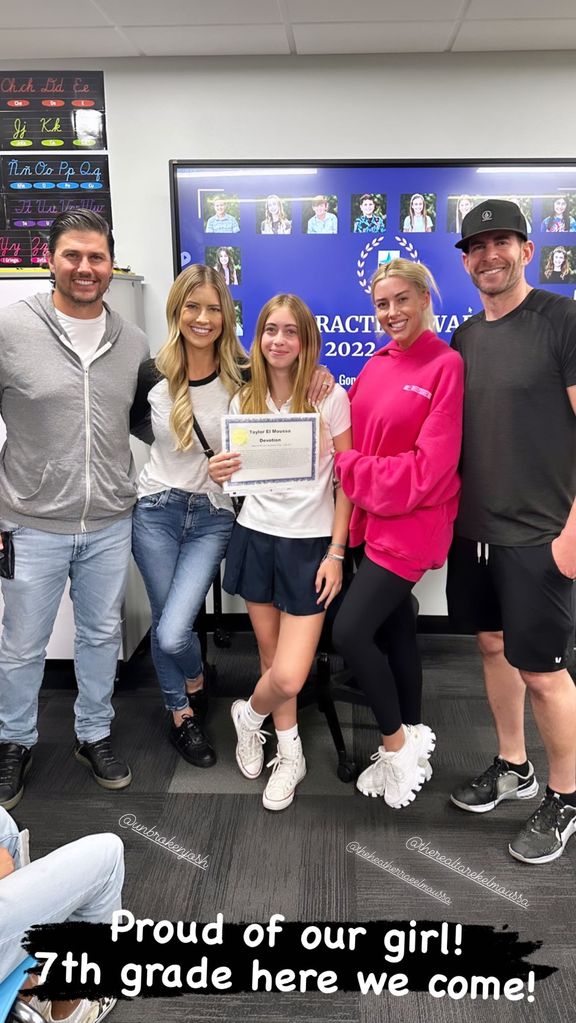 Christina Hall joins husband Joshua Hall, Tarek El Moussa, and Heather Rae El Moussa in celebrating daughter Taylor in a photo shared on Instagram