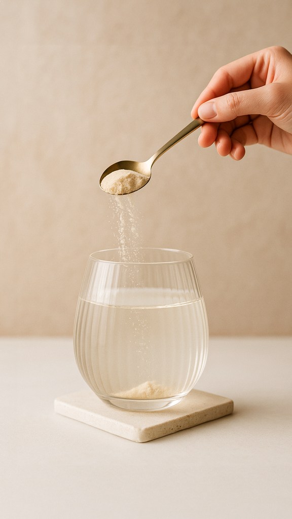 collagen powder being poured into glass of water