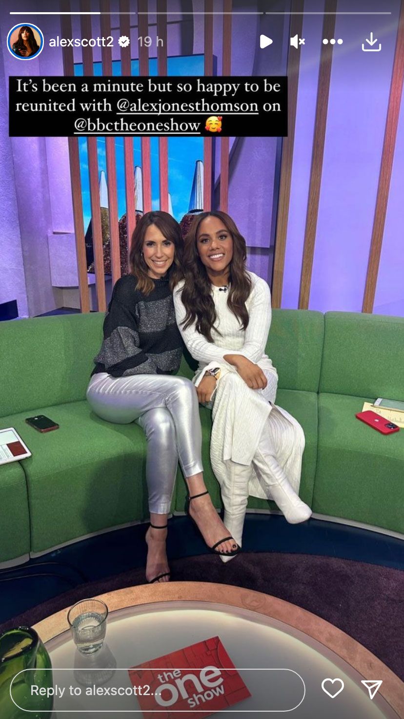 Alex Scott wearing a stunning cream dress and knee-high boots on The One Show