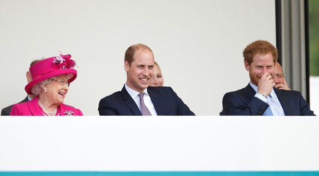 The Queen laughing with Prince William and Prince harry