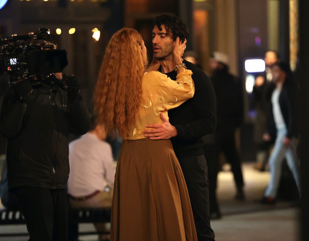 Blake Lively and Justin Baldoni are seen on the set of "It Ends with Us" on January 12, 2024 in Jersey City, New Jersey.  (Photo by Jose Perez/Bauer-Griffin/GC Images)