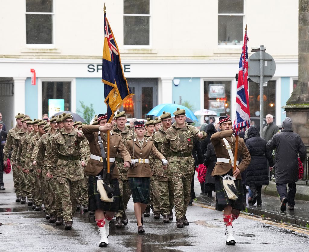 Lady Louise Windsor marches with the A Squadron, Students of Tayforth UOTR from the University of St. Andrews, in the Remembrance Sunday Parade at St Andrews on the 9th November, 2025.