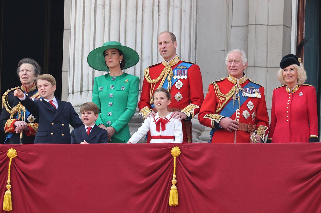 Princess Anne, Prince George, Prince Louis, Princess Kate, Prince William, Princess Charlotte, King Charles and Queen Camilla on the Buckingham Palace balcony