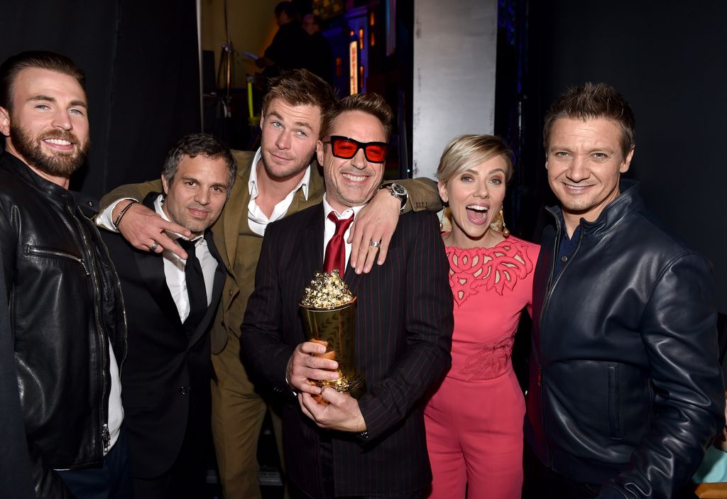 Chris Evans, Mark Ruffalo, Chris Hemsworth, Robert Downey Jr., Scarlett Johansson and Jeremy Renner pose backstage at The 2015 MTV Movie Awards at Nokia Theatre L.A. Live on April 12, 2015 in Los Angeles, California
