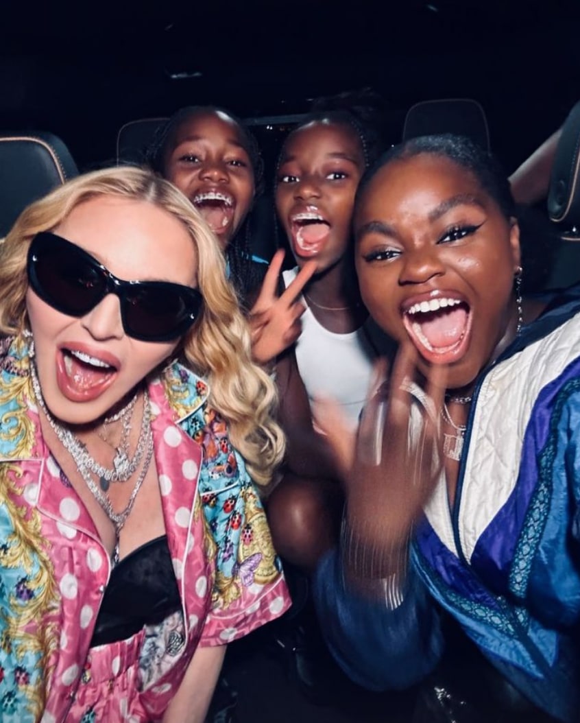 Photo shared by Madonna on her Instagram Stories August 2023 with her daughters, twins Stella and Estere plus Mercy, attending Beyoncé's Renaissance Tour at the MetLife Stadium on July 30.