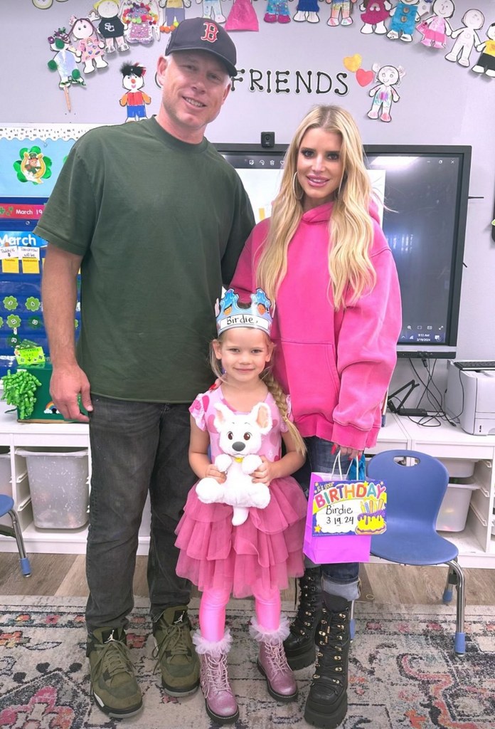 Photo shared by Jessica Simpson to her Instagram Stories March 2024, posing with her husband Eric Johnson and their daughter Birdie Mae, who was celebrating her 5th birthday