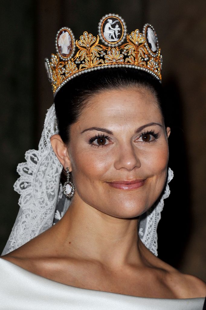 Crown Princess Victoria with her hair slicked off her face on her wedding day