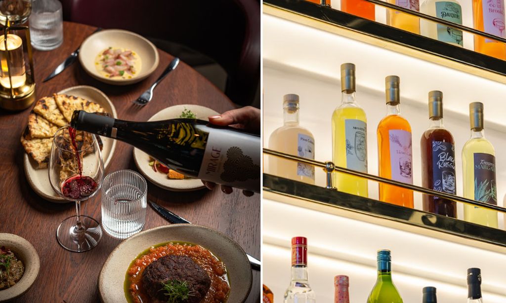 Table with food and wine and a cocktail bar