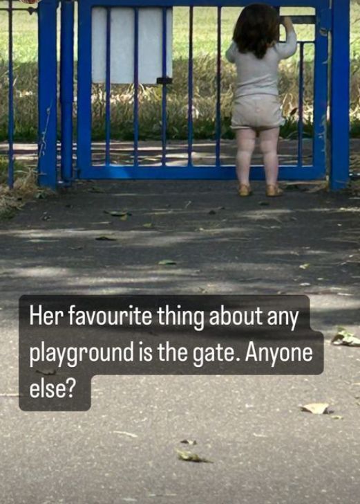A young girl staring at a gate