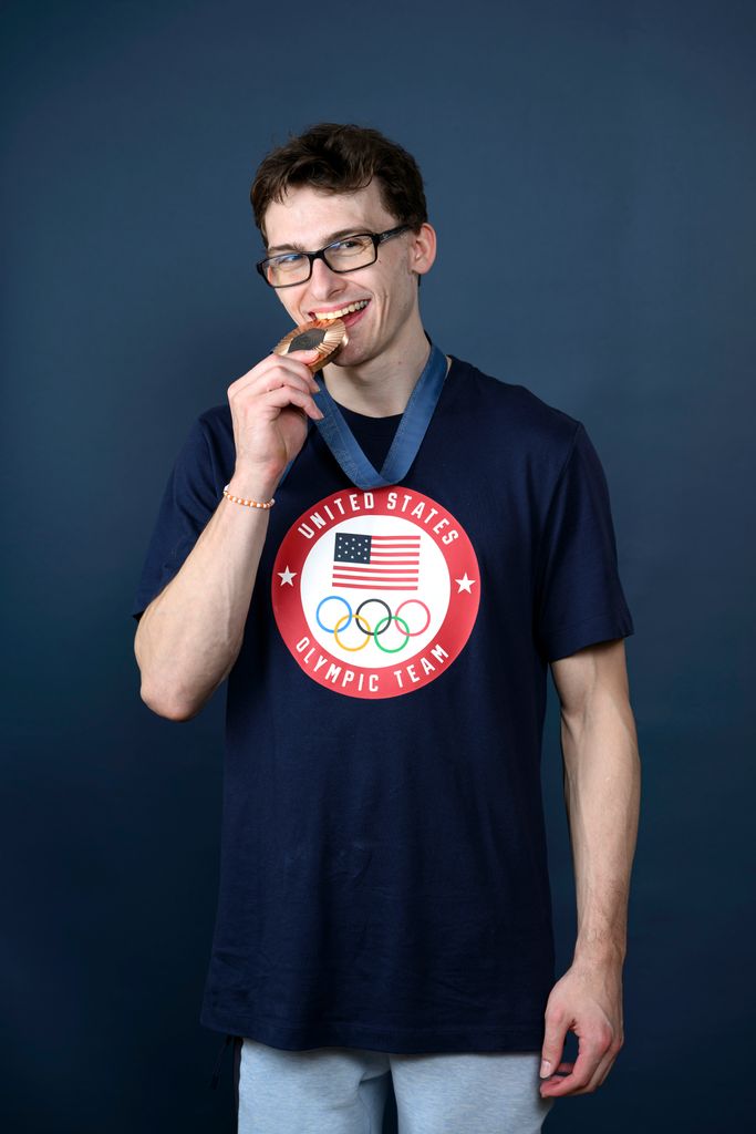 Olympian Stephen Nedoroscik of Team United States poses on the Today Show Set on July 30, 2024 in Paris, France