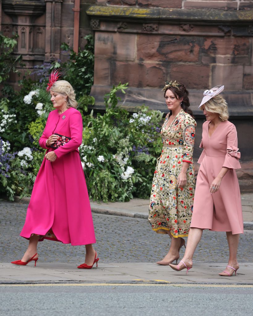 Natalia Grosvenor, Lady Viola Grosvenor and Lady Edwina Grosvenor attend the wedding of The Duke of Westminster and Miss Olivia Henson at Chester Cathedral on June 07, 2024 in Chester, England. 