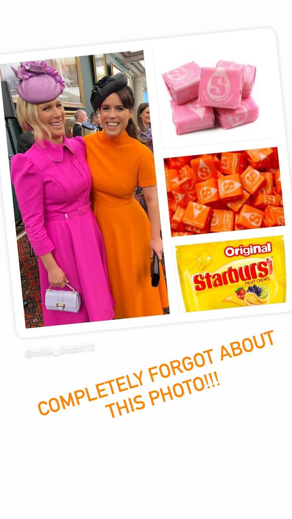 Zara and Eugenie in bright dresses next to starburst sweets in same orange and pink colours