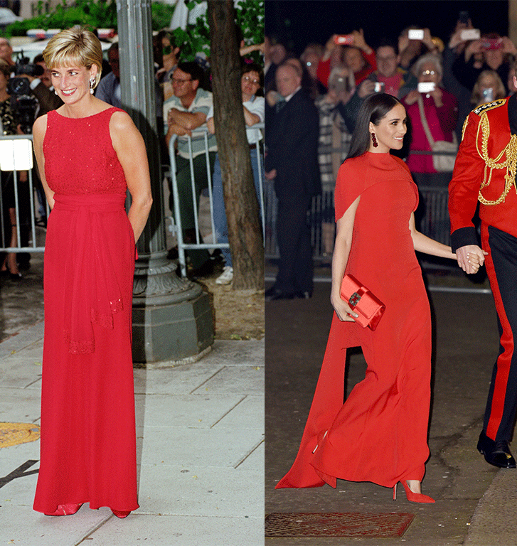 Princesa Diana e Meghan Markle usando maxi vestidos vermelhos