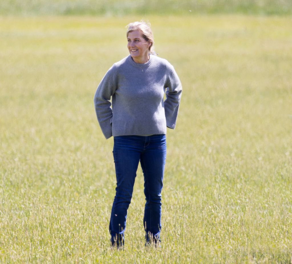 Sophie Duchess in jeans and a jumper in a field