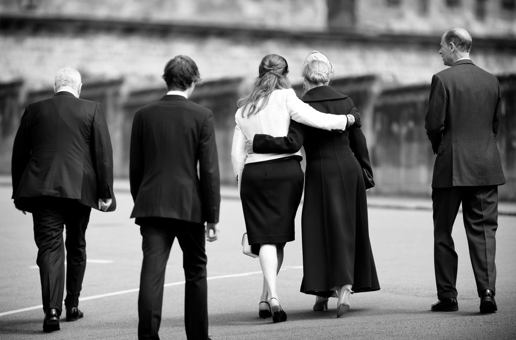 This image has been converted to black and white) Prince Andrew, Duke of York, James, Earl of Wessex, Sarah Ferguson, Duchess of York, Sophie, Duchess of Edinburgh and Prince Edward, Duke of Edinburgh depart after attend the traditional Easter Sunday Mattins Service at St George's Chapel