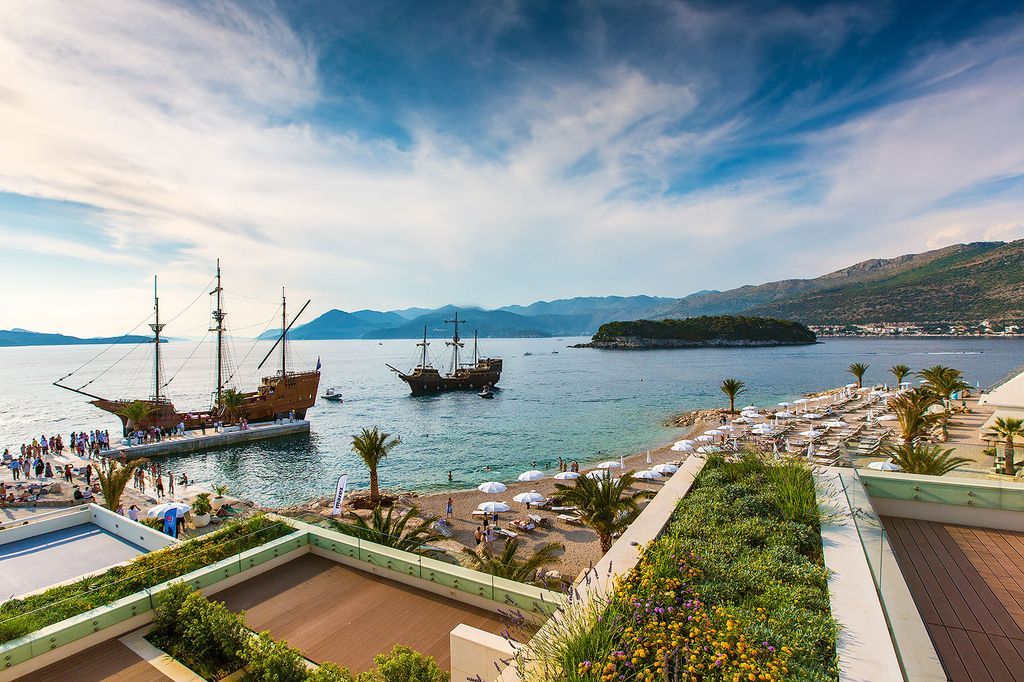 President Hotel Valamar in Dubrovnik, Croatia - beach view with pirate ships from balcony