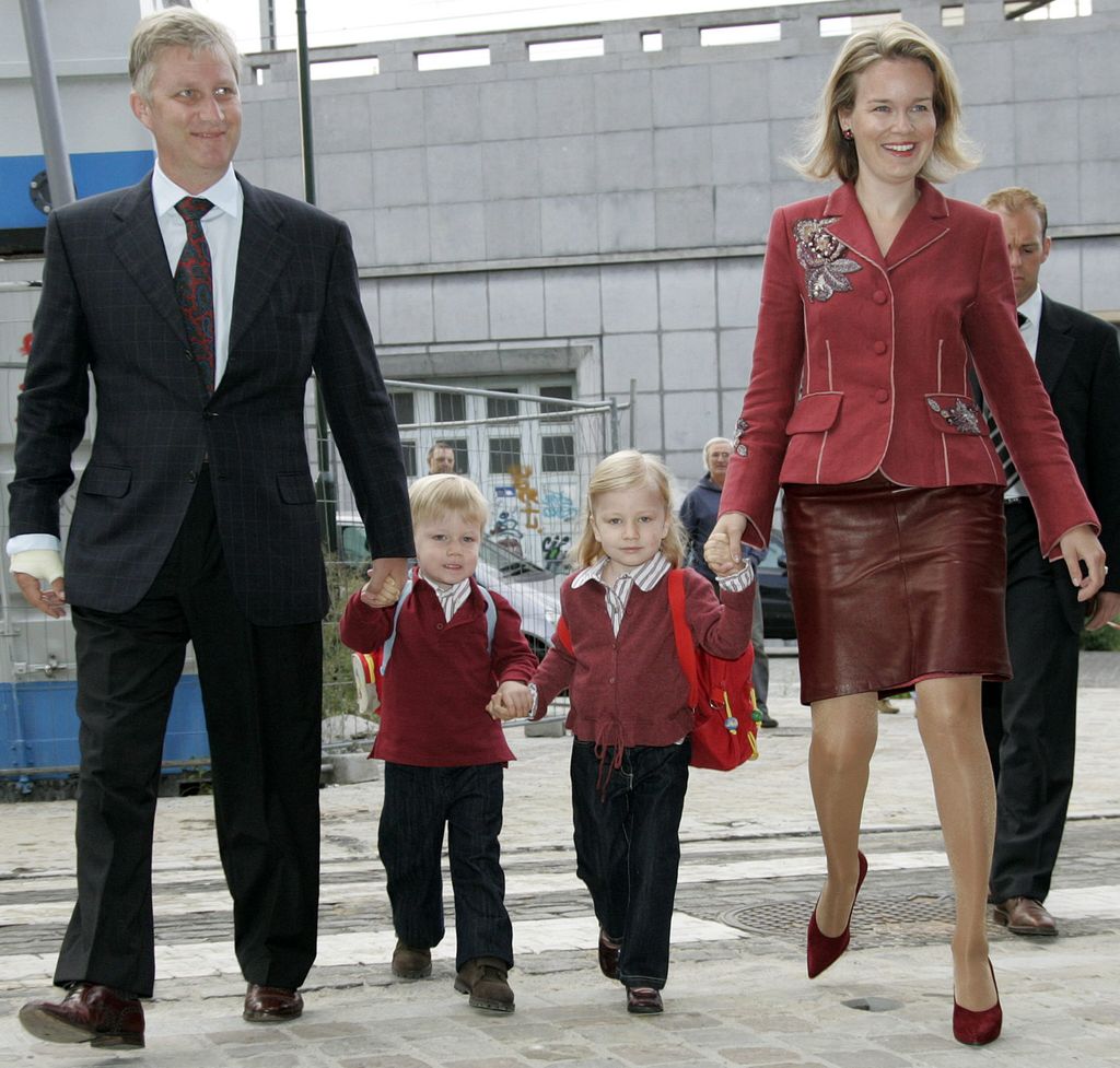 Belgian Princess Elisabeth (R) and Prince Gabriel (L) arrive at Sint-Jan-Berchmans school in Brussels