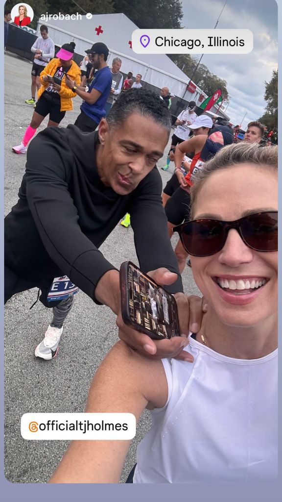 TJ Holmes snuggles up to girlfriend Amy Robach before running the Chicago Marathon, shared on Instagram Stories