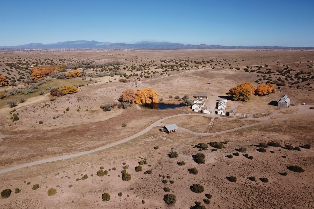 This aerial view shows buildings at the Bonanza Creek Ranch film set, near where a crew member was fatally shot during production of the western film "Rust", on October 28, 2021 in Santa Fe, New Mexico