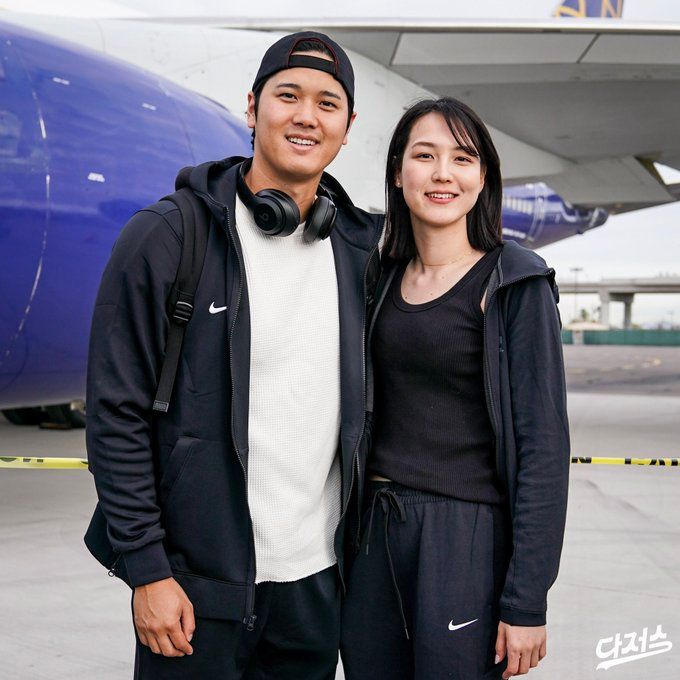 Photo shared by the Los Angeles Dodgers of Shohei Ohtani and and his wife Mamiko Tanaka headed to a game in Seoul, South Korea