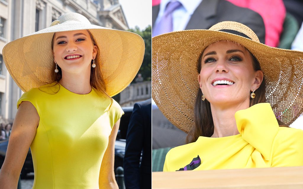 Princesa Elisabeth e Kate Middleton usando vestidos amarelos e chapéus de palha