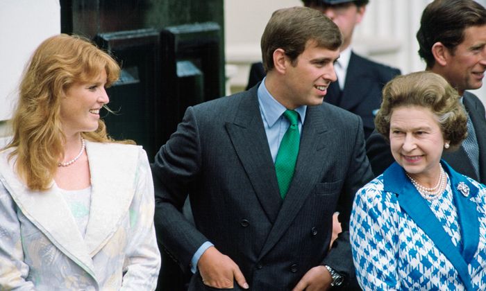 Sarah Ferguson and Prince Andrew smile alongside the Queen