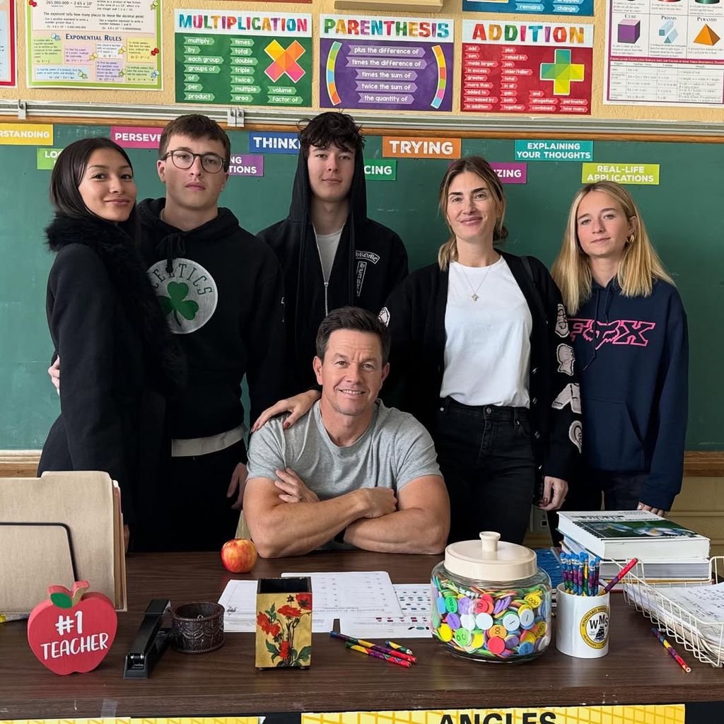 Mark Wahlberg on a classroom set for his newest movie with wife Rhea Durham and their kids Michael (plus his girlfriend Sunni Gaines), Brendan and Gracie, shared on Instagram