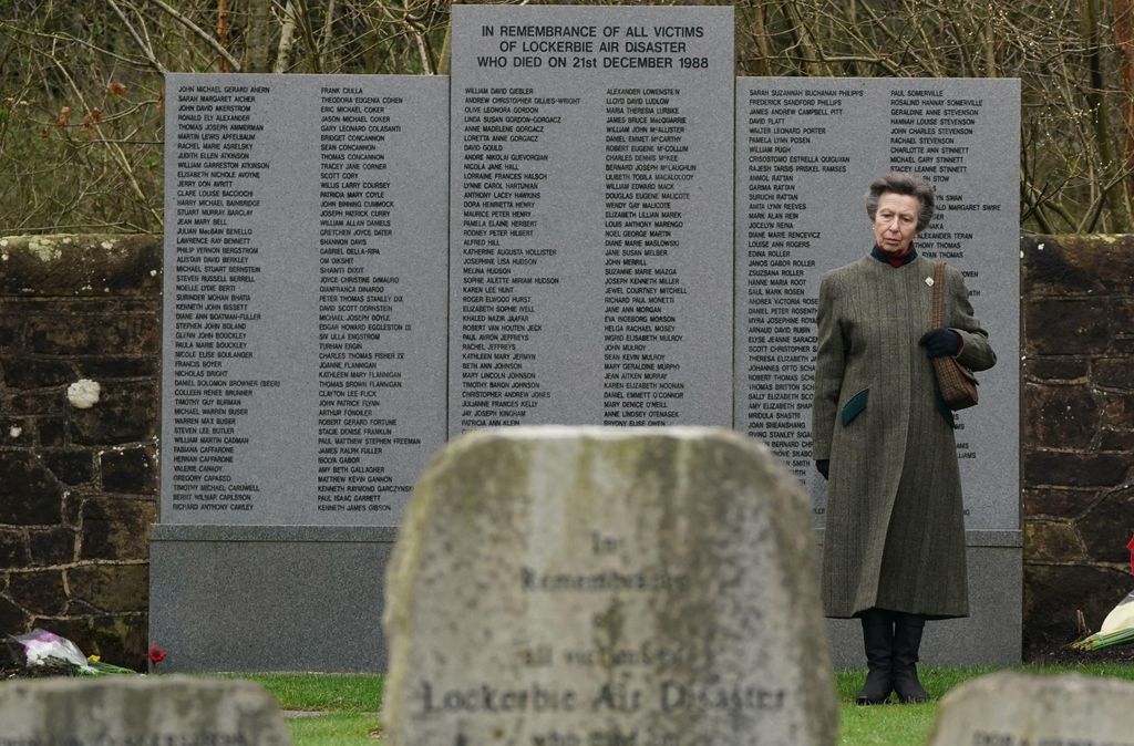The Princess Royal lays a wreath at the Lockerbie Air Disaster Memorial in the Lockerbie Garden of Remembrance