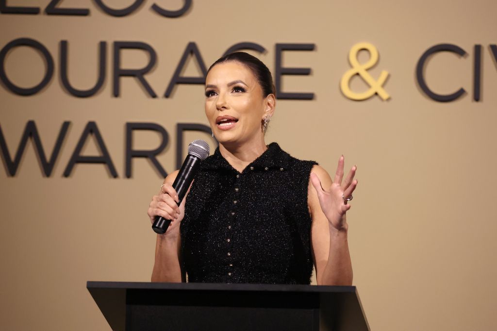 Eva Longoria celebrates accepting Courage and Civility Award on stage during the 2024 Bezos Courage and Civility Awards on March 14, 2024 in Washington, DC.