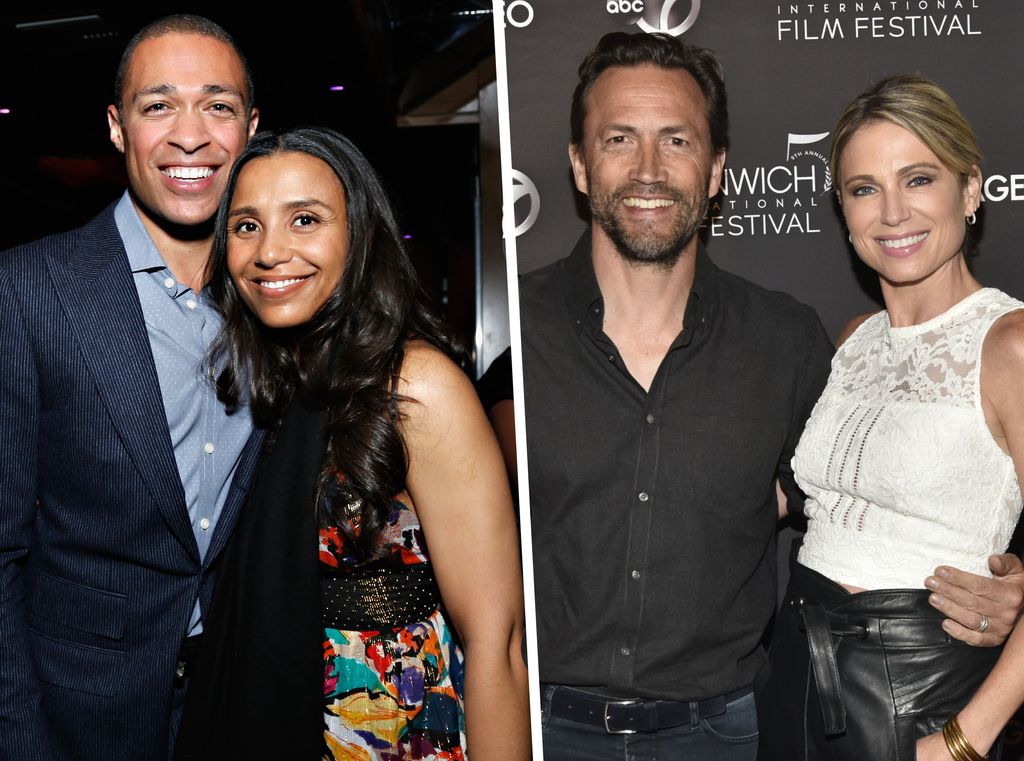 TJ Holmes and Marilee Fiebeg stand with arms around each other, a white line draws distinction between that picture and a second, of Andrew Shue with his arm around Amy Robach