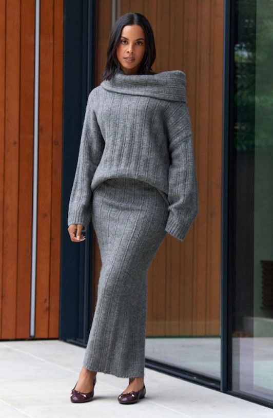 Rochelle Humes in Grey Charcoal Co-ord Soft Touch Fitted Column Knitted Maxi Skirt