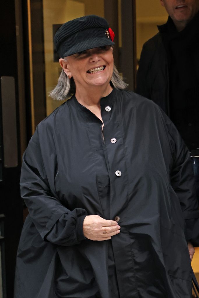 Dawn French in a black hat and jacket leaving BBC Radio 2 in 2022