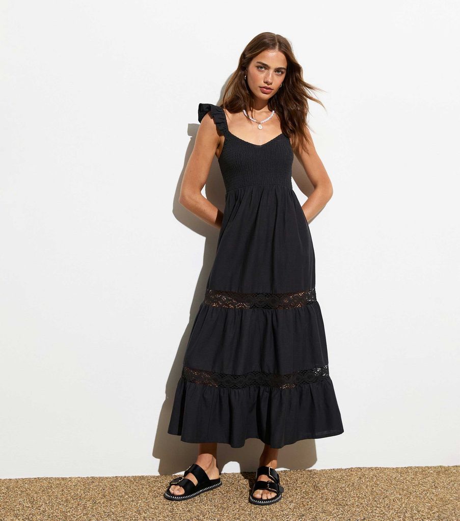 New Look Black Frill-Strap Midi Dress