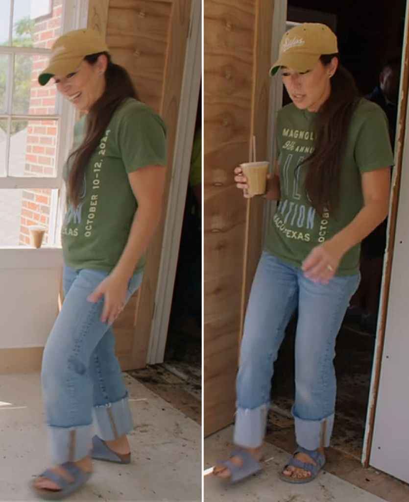  joanna gaines blue suede birkenstocks on mini reni