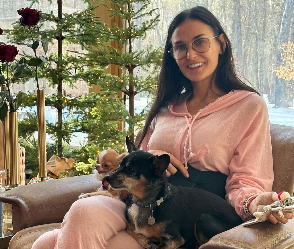 demi moore in pink onesie with her dogs 