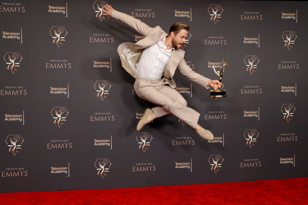 Derek Hough poses with the Outstanding Choreography For Variety Or Reality Programming award during the 2024 Creative Arts Emmys at Peacock Theater on January 07, 2024 in Los Angeles, California.