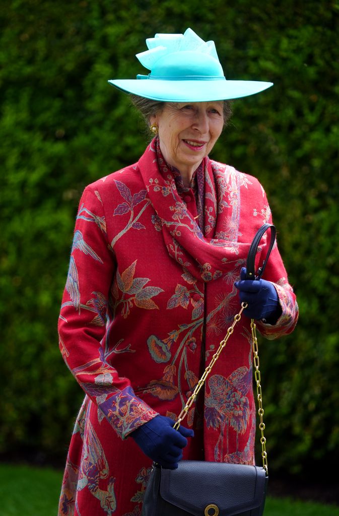 Princess Anne wearing red silk dress at Royal Ascot