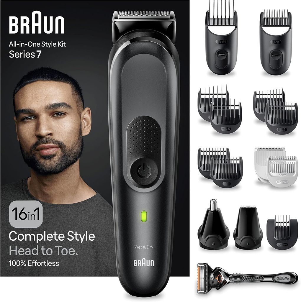 Braun 16-in-1 All-in-One Style Kit Series 7, Male Grooming Kit With Beard Trimmer, Hair Clippers, Precision Trimmer & Gillette Razor, Gifts for Men, UK 2 Pin Plug, MGK7470, Black