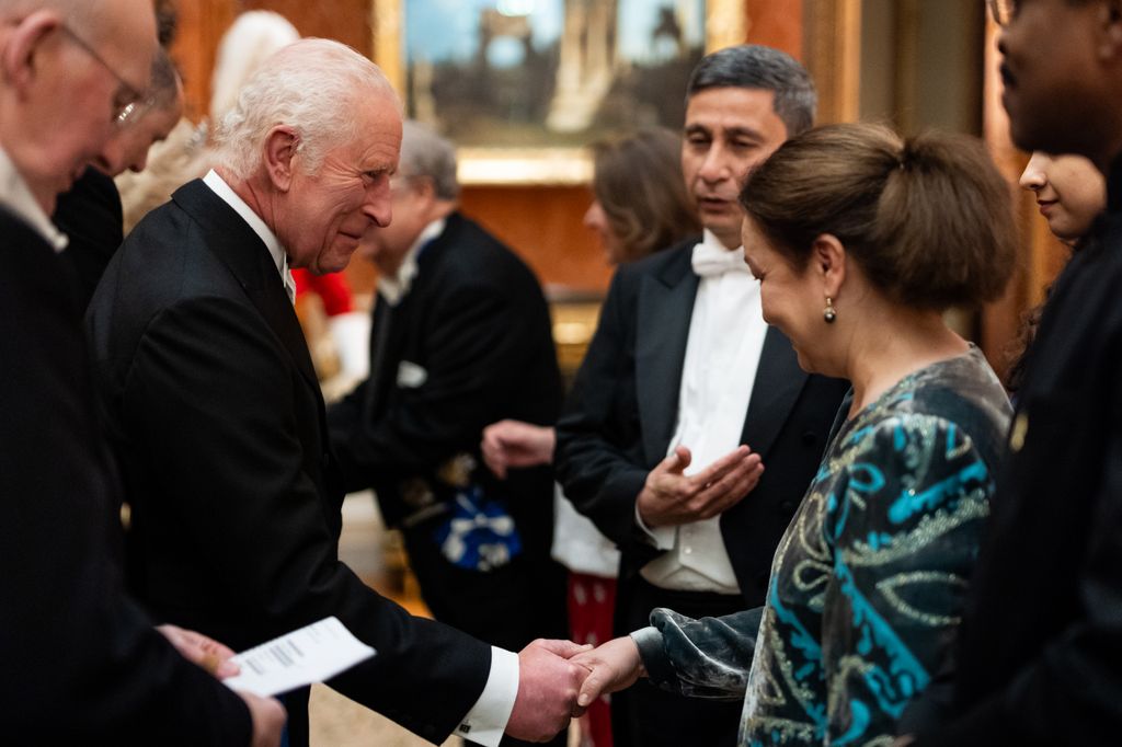 LONDON, ENGLAND - NOVEMBER 13: King Charles III speaks to guests during the Diplomatic Corps reception at Buckingham Palace on November 19, 2024 in London, England. (Photo by Aaron Chown - WPA Pool/Getty Images)