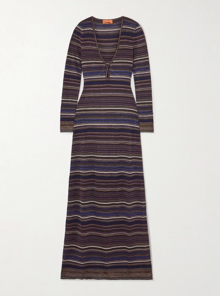 Striped Metallic Crochet-Knit Maxi Dress