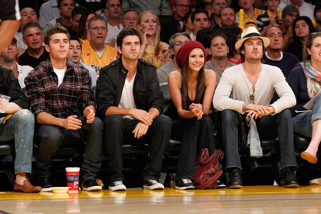 Zac Efron, Ryan Rottman, Nina Dobrev and Ian Somerhalder attend Game Five of the Western Conference Finals between the Phoenix Suns and the Los Angeles Lakers during the 2010 NBA Playoffs at Staples Center on May 27, 2010 in Los Angeles, California