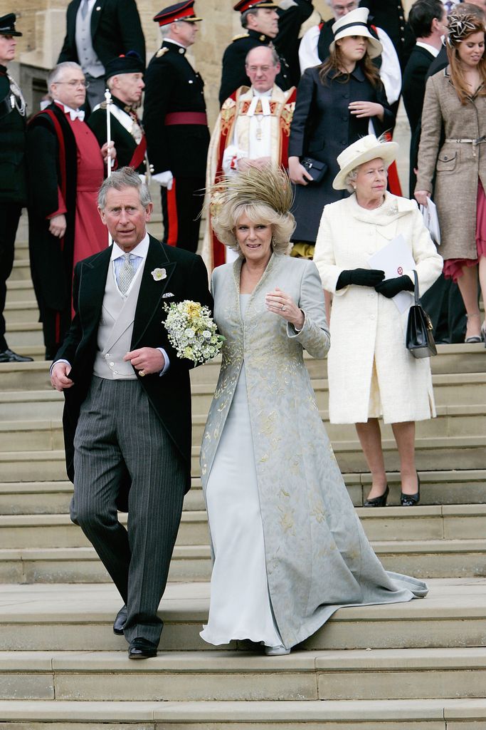 Prince Charles and Camilla Parker Bowles walk ahead of Queen Elizabeth II on their wedding day